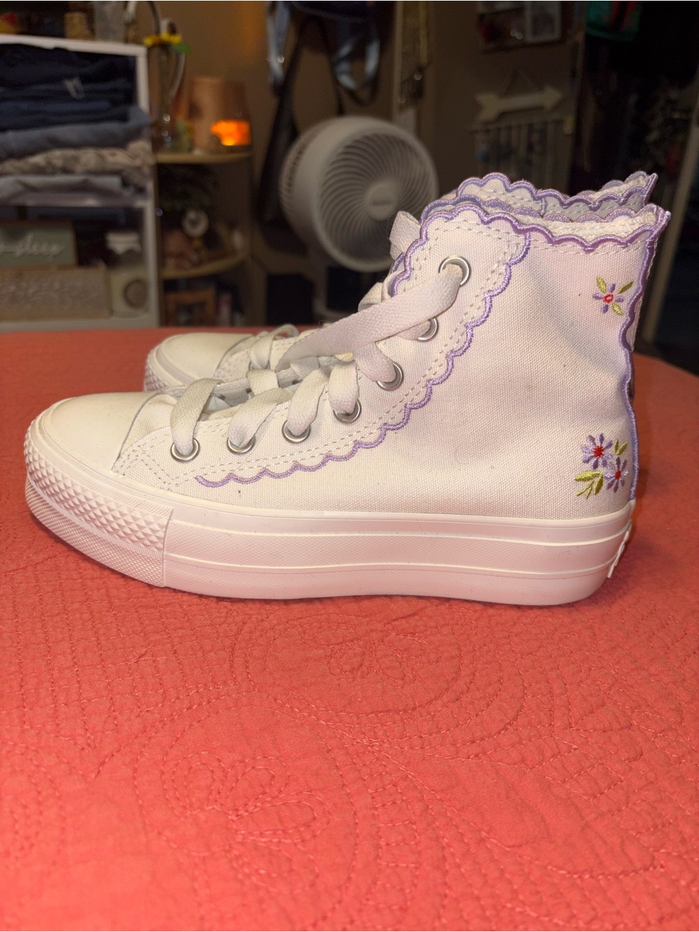 White High-Top Converse Sneakers with Purple Scallop Trim